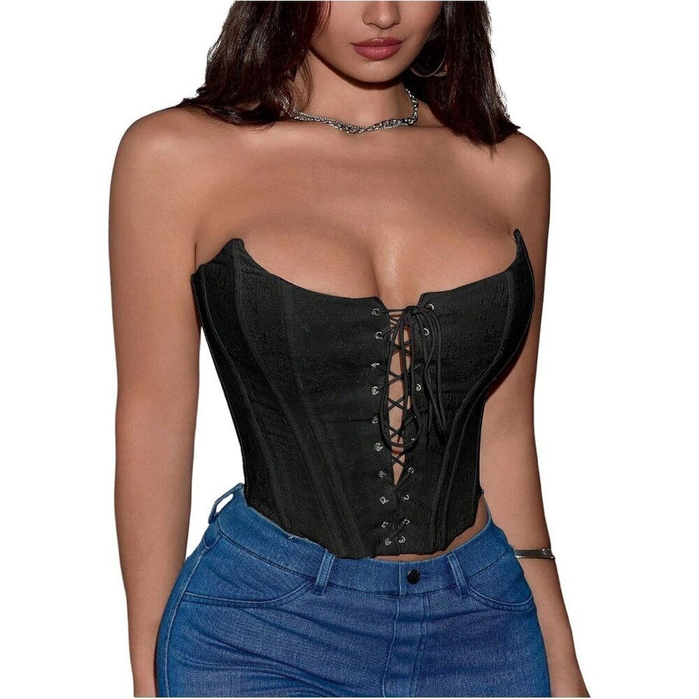 Women's Lace Up Y2K Corset Top Strapless Grommet Eyelet Crop Tube